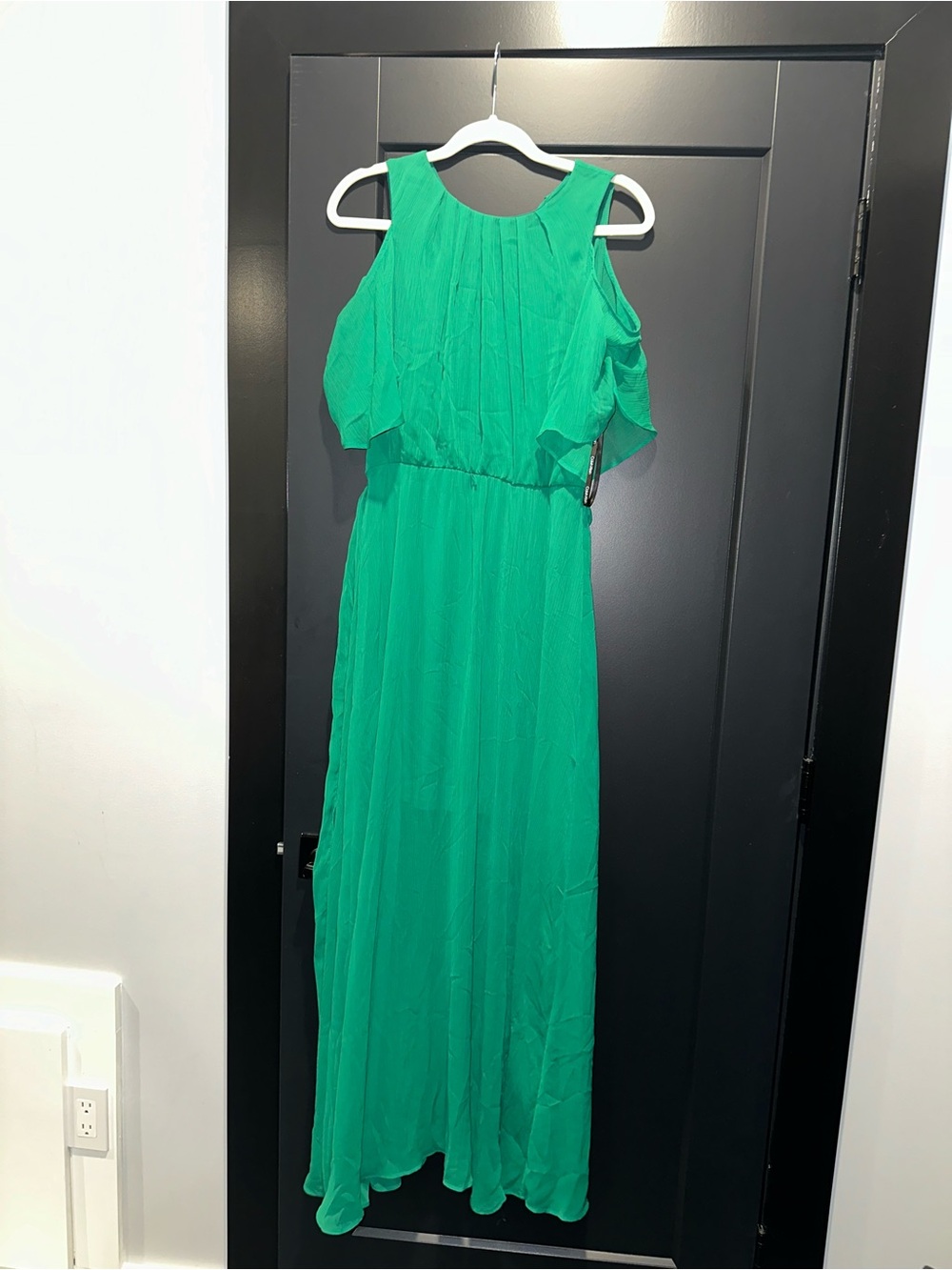 Calvin Klein Emerald Green Maxi Dress with Cold-Shoulder Ruffle